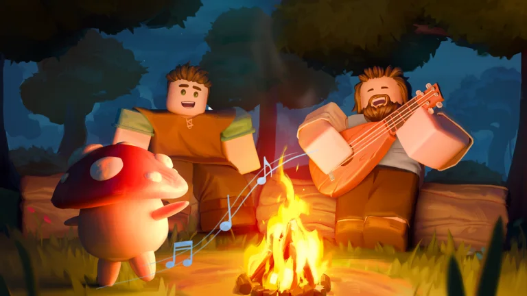 Official SCROOMS artwork of musicians by a campfire